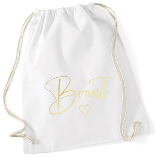 AWASG Turnbeutel JGA Team Braut mit Herz - Braut Jutebeutel zum Zuziehen - Junggeselinnenabschied Accessoire Bride (weiß) von AWASG