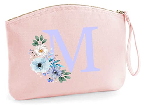 Schminktasche mit blauen Blumen und Monogramm | Personalisierte Kosmetiktasche Reiseetui Ordnungshüter Mädchen Damen L (28x22 cm) (rosa) von AWASG