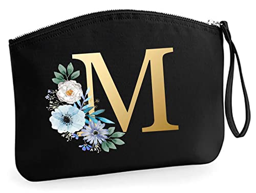 Schminktasche mit blauen Blumen und Monogramm | Personalisierte Kosmetiktasche Reiseetui Ordnungshüter Mädchen Damen L (28x22 cm) (schwarz) von AWASG