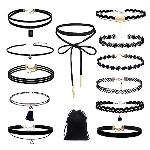 AWAVM 12 x Spitzenketten, schwarzes Choker-Schlüsselbein-Halskette, schwarzes Halsband, Quaste, Gothic-Tattoo-Spitzen-Halskette mit Aufbewahrungstasche, Spitze von AWAVM