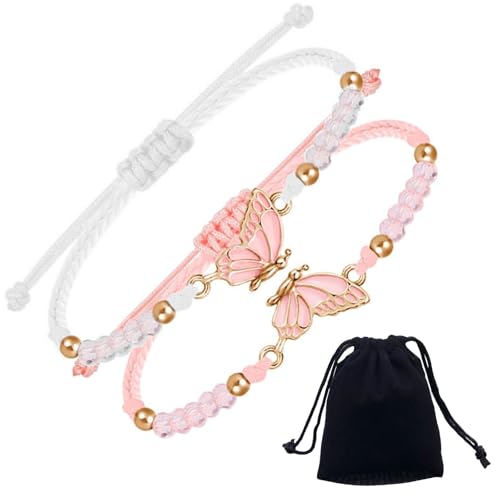 AWAVM 2 Stück BFF Armbänder für passende,Weiß Rosa Armbänder, Best Friends,Armband handgefertigter Charm,Schmetterlingsarmbänder Verstellbarer Strang,Freundschaftsarmbänder von AWAVM