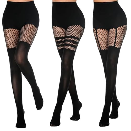 AWAVM 3 Paar Damen Mock Oberschenkelhoch Strapsstrumpfhose Fischnetzstrümpfe Fischnetzstrümpfe Schwarz Blickdicht Strumpf Strumpfhose Fischnetz Strumpfhose Oberschenkel Schwarz Blickdicht Strumpf, von AWAVM