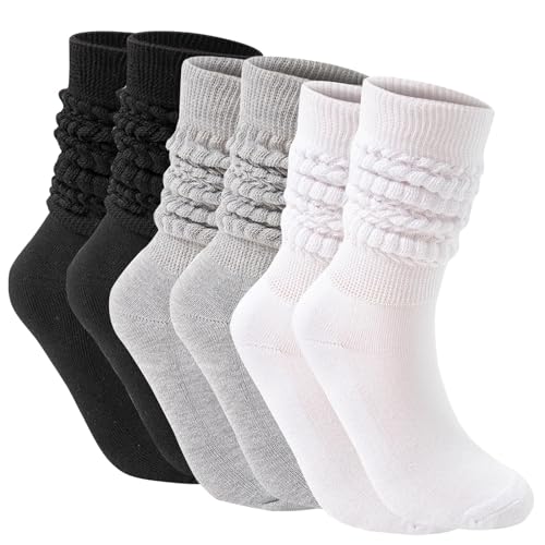 AWAVM 3 Paar Damen Slouch Socken, extra lange Scrunch Kniestrümpfe Neuheit Baumwolle Strick Socken Herbst Winter Stiefel Socken für Frauen Mädchen, Einheitsgröße, Schwarz+Weiß+Grau, One size von AWAVM