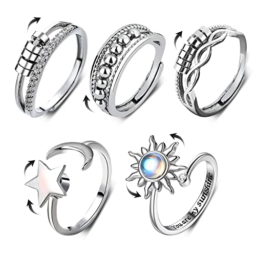 AWAVM Angst Spinning Ringe für Damen,Silber Damenringe, Offener Ringe Fidget Spinner Ringe, Zirkonia Zappelringe, Verstellbare Stapelbare für Stress Abbauen von AWAVM