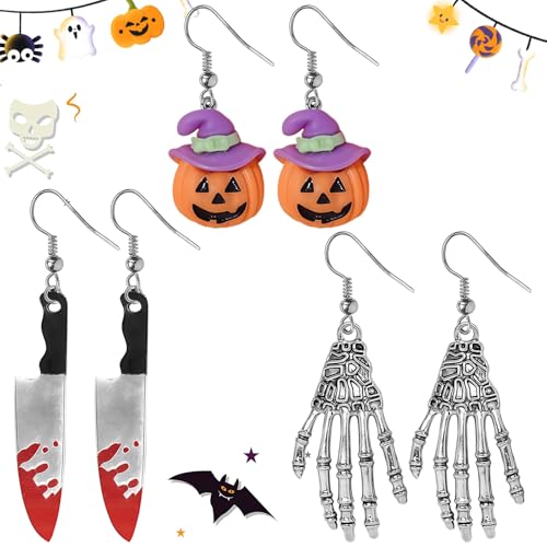 AWAVM Halloween Ohrringe Set, Ohrstecker Damen Kinder Mädchen Frauen mit Messer, Kürbis, Skelett Hand, Gruselige Halloween Schmuck Accessoires Party Kostüm Karneval Fasching Geschenkidee von AWAVM