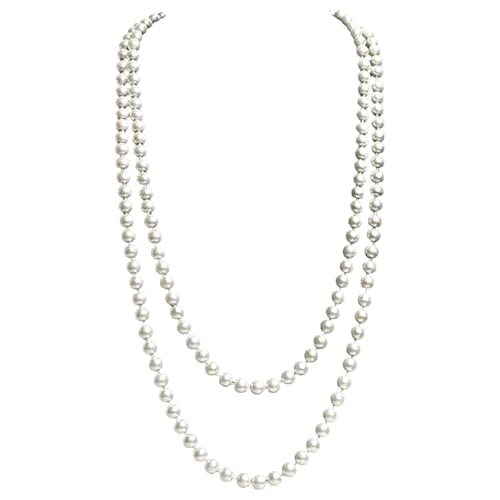 AWAVM Perlenkette weiß 150 cm,1920s Gatsby Kostüm Accessoires Lange Perle Halskette,Dame Weiße elegante künstliche Perlen-Halsketten -lange Strickjacke-Perlen-Ketten-Halskette von AWAVM