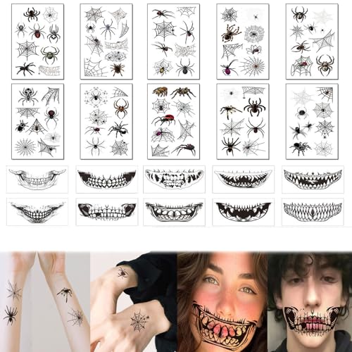 AWAVM Spinnen Tattoo Halloween, 10 Blätt Spinnentattoos+10 Blätt Horror Lippen Tattoo Gesichto Halloween, Realistisch Spinnennetz Temporäre Tattoos Halloween Schminke Make Up für Erwachsene Kinder von AWAVM
