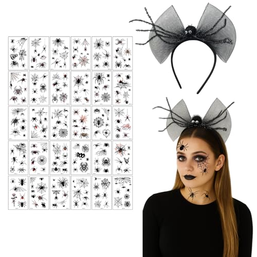AWAWM Spinne Stirnband Halloween mit 30 Spinne Temporäre Tattoos, Verstellbare Spinnennetz Kopfbedeckung für Kinder & Erwachsene, Halloween Verkleidung Kostüm Zubehör Party Dekor (Schwarz) von AWAVM