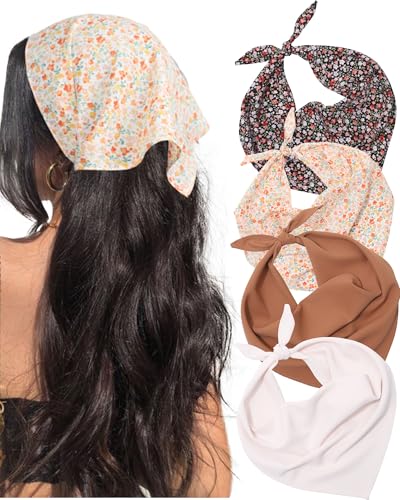 AWAYTR 4 Stück Dreieck-Kopftuch Stirnband für Frauen Haarbandanas für Damen Haar Boho Kopftuch Stirnbänder, Weiß + Curry + Pink Crushed + Schwarz Crushed, 1 Count (Pack of 4) von AWAYTR