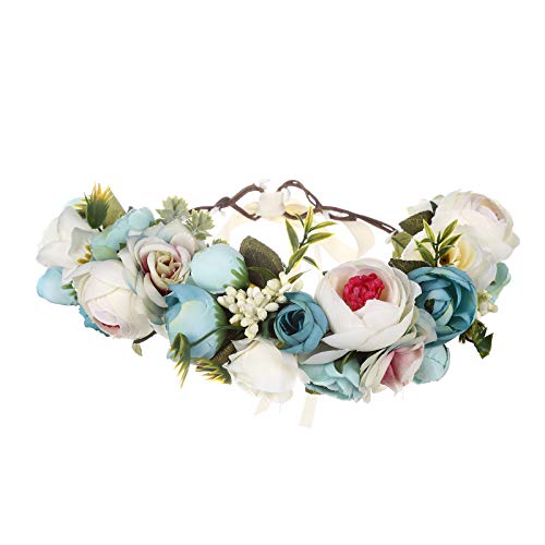 AWAYTR Blumen Stirnband Hochzeit Haarkranz Krone - Frauen Mädchen Blumenkranz Haare für Hochzeit Party (Hellblau + Beige) von AWAYTR