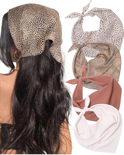 AWAYTR Dreieck-Kopftuch, Stirnband für Damen, Haarbandanas für Damen, Boho, Halstuch, Stirnbänder, 4 Stück, Weiß + Curry + weißer Leopard + Curry Leopard, Einheitsgröße von AWAYTR