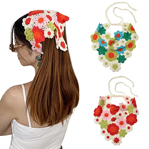 AWAYTR Häkel-Bandana, Kopftuch, Haarschal, 2 Stück, gestrickte Haarschals, Häkelhaar, Kopftuch, Krawatte, Bcak Headwrap Floral, (Rot + Grün), 1 Count (Pack of 2) von AWAYTR