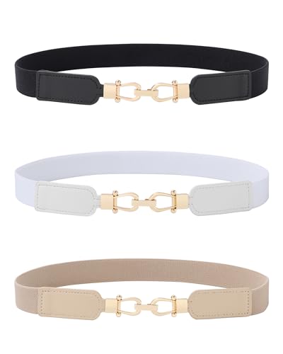 AWAYTR Schmaler dehnbarer Damengürtel – elastischer Taillengürtel mit hellgoldener Schnalle, dünner Damengürtel für Kleid und Hosen, Schwarz+Weiß+Beige, Fit waist 27''-31'' von AWAYTR