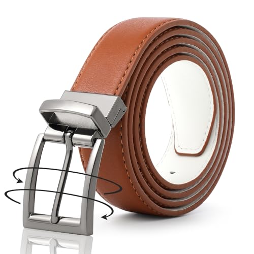 AWAYTR Wendbarer Ledergürtel für Damen – zweifarbiger Gürtel für Damen und Herren, Gürtel mit drehbarer Schnalle für Jeanskleid, Weiß/Braun mit Pistolenfarben-Schnalle, M:Fits Waist von AWAYTR