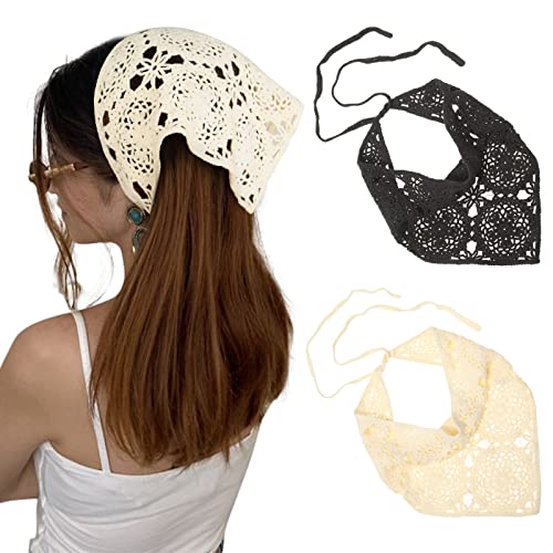 Häkel-Bandana-Kopftuch, Haarschal, 2 Stück, gestrickter Haarschal, gehäkeltes Haar, Krawatte, Bcak, Kopftuch, Blumenhaar, Bandanas für Damen und Mädchen, Schwarz + Weiß von AWAYTR