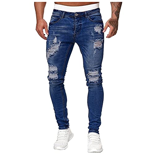 AWDX 2021 Herren Zerrissene Jeans Neuer Sommer Destroyed Lang Hosen Neo Regular Fit Strand Freizeit Gerade aufwendigen Used Design Denim Shorts Männer Langes Bein Jeans mit Riss Ohne Guertel von AWDX