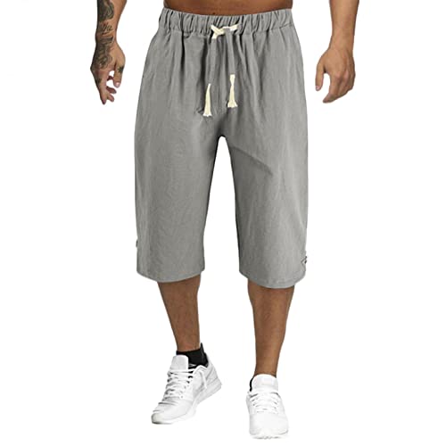 AWDX 3/4 Capri Hose Herren Sommer Kurze Cargo Shorts Baumwolle Jogginghose Freizeithose Einfarbig Sommerhose Leichte für Männer mit Kordelzug Seitetasche Strandhose Vintage Hosen m. Zipper Taschen von AWDX