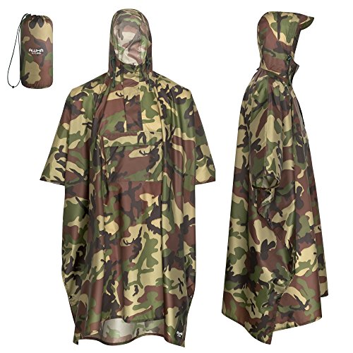 AWHA Regenponcho Damen und Herren wasserdicht und extra lang zum Wandern, Reiten, Fahrrad fahren - Outdoor Regenschutz wiederverwendbar mit Tasche, camouflage, S/M von AWHA