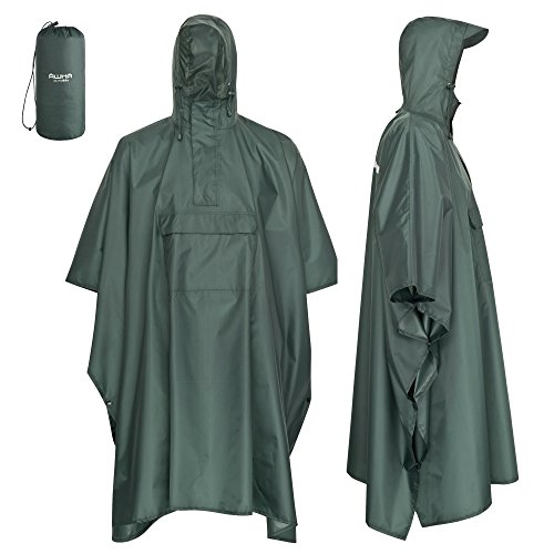 AWHA Regenponcho Damen und Herren wasserdicht und extra lang zum Wandern, Reiten, Fahrrad fahren - Outdoor Regenschutz wiederverwendbar mit Tasche, dunkelgrün, L/XL von AWHA