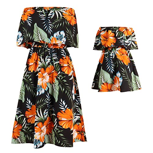 AWIBMK Mommy and Me Kleider Boho Tie Dye Floral Kleid Sommer Casual Strand Hawaii Urlaub Mama Tochter passende Outfits, Dunkelgrüne Blume, XL von AWIBMK