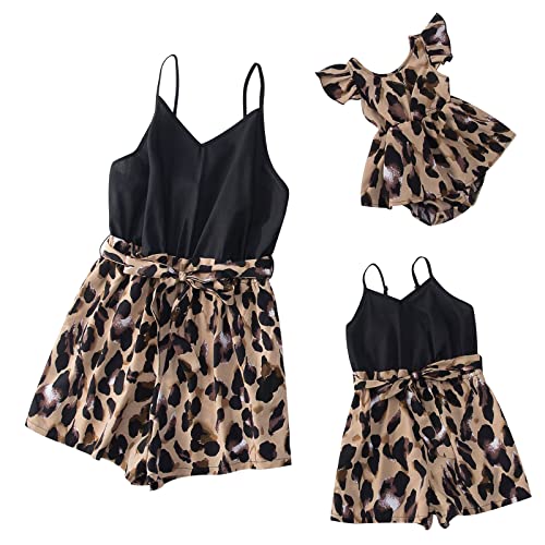 Mommy and Me Kleider Outfits Floral Sling Family Matching Jumpsuit Strampler V Ausschnitt Kleidung Anzug Set für Mutter und Tochter, Schwarz Braun Leopard, Medium von AWIBMK
