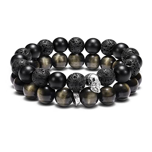 AWNL Herren-Armband, Doppelstrang-Armband, Sterlingsilber, Totenkopf-Charm, natürliche Edelsteine, Dumortierit, vulkanische Picasso-Steine, Geschenk für Herren, 15 - 19 cm, L (Wrist Size 6.7'' - 7.1 von AWNL
