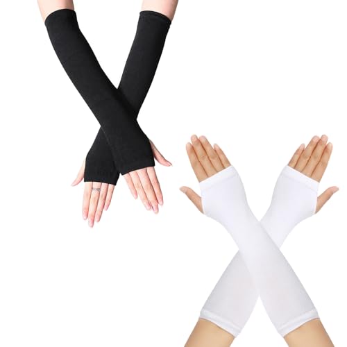 AWOCAN 2PCS Damen Armstulpen Lange Fingerlose Handschuhe Winter Gestrickt Fäustlinge Daumenloch Handschuhe für Frauen (Schwarz+Weiß) von AWOCAN