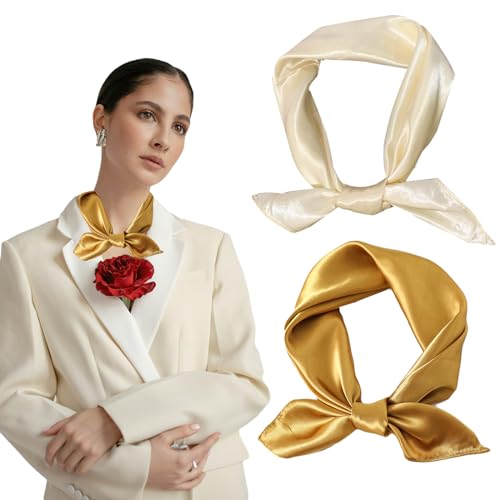 AWOCAN 2PCS Seidenschal Kopftuch für Frauen Square Taschentuch Square Bandana Halstuch Leichtes Halstuch (beige+gold) von AWOCAN