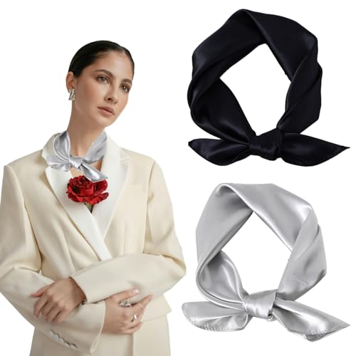 AWOCAN 2PCS Seidenschal Kopftuch für Frauen Square Taschentuch Square Bandana Halstuch Leichtes Halstuch (schwarz+silber) von AWOCAN