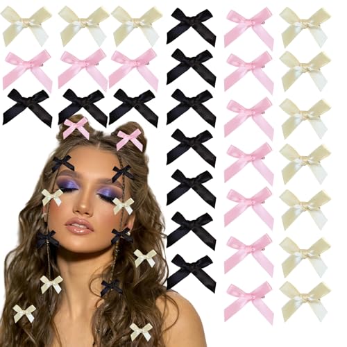 AWOCAN 30PCS Schleife Haarspangen Mini Haar Schleifen Haar Band Clips Kleine Bowknot Barrettes Süße kleine Schleife Haar Band Alligator Clips Einfarbig Rutschfest für Frauen (beige+rosa+schwarz) von AWOCAN