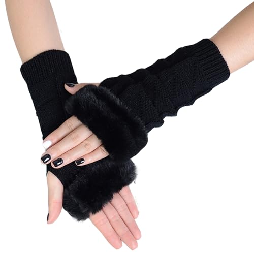 AWOCAN Armstulpen Damen Winter Kunstfell Strick Fingerlose Handschuhe Winter Fingerlose Handgelenkwärmer Fäustlinge mit Daumenloch (Schwarz) von AWOCAN