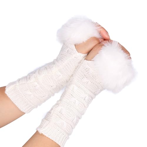 AWOCAN Armstulpen Damen Winter Kunstfell Strick Fingerlose Handschuhe Winter Fingerlose Handgelenkwärmer Fäustlinge mit Daumenloch (Weiß) von AWOCAN