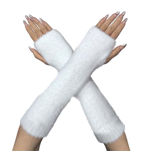 AWOCAN Armstulpen Fingerlose Handschuhe Winter Kunstfell Armstulpen Handgelenkwärmer Warme Fingerlose Handschuhe Gestrickt Weich für Frauen (WEISS) von AWOCAN