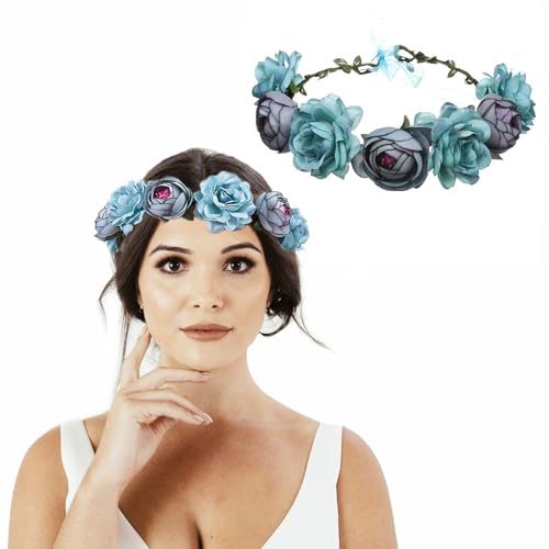 AWOCAN Blumenkrone Stirnband Frauen Blume Kopfschmuck Boho künstliche Blumen Braut Blume Stirnband Kranz Krone für Hochzeit Festival Party Fotografie (blau) von AWOCAN