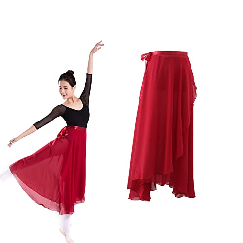 AWOCAN Ballett-Wickelrock für Damen, lang, durchscheinend, Chiffon, Ballett, Wickelrock, Tanz, durchscheinender Rock, Chiffon, Sommer, Strand, hohe Taille, rot, 34 von AWOCAN