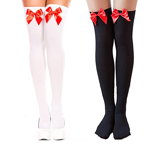 AWOCAN Damen Satin-Schleifenstrümpfe, Oberschenkelhohe Strümpfe, Overknee-Strümpfe, lange Strümpfe für Mädchen und Damen (schwarz+rot weiß+rot) von AWOCAN