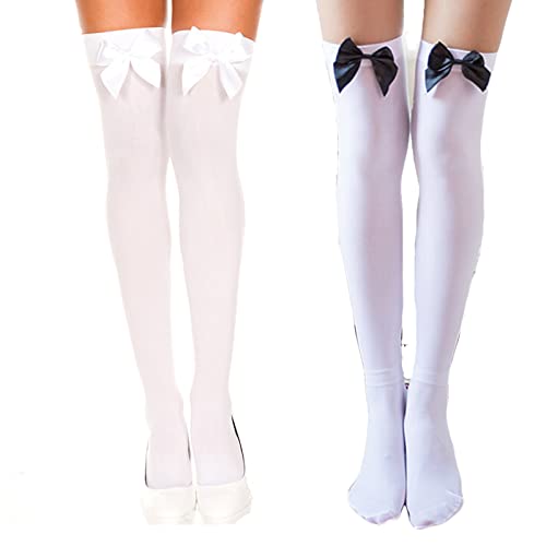 AWOCAN Damen Satin-Schleifenstrümpfe, Oberschenkelhohe Overknee-Strümpfe für Mädchen und Damen (Weiß+Weiß Weiß+Schwarz) von AWOCAN