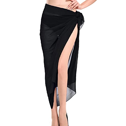 AWOCAN Damen Strandkleid Lang Sarong Abdeckung Chiffon Bademode Rock Bikini Schal Strand Sarong Bikini Cover Elegant Schwimmen, Schwarz , 38 von AWOCAN