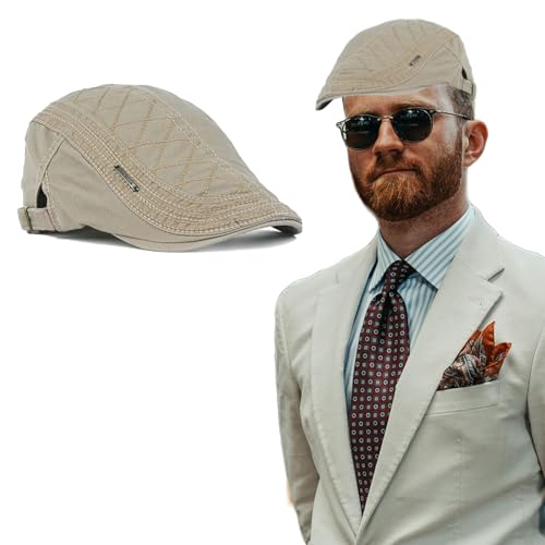 AWOCAN Herren Newsboy Cap Baumwolle Flat Cap Baskenmütze Sommer Ivy Gatsby Driving Hat Verstellbar Atmungsaktiv Schirmmütze, Stil 2, Beige, 4 von AWOCAN