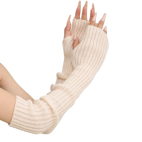 AWOCAN Lange fingerlose Handschuhe Weiche Winter Warme Handschuhe Winter Knit Armstulpen Daumenloch Handschuhe Gestrickt Warm Weben Handschuhe (BEIGE) von AWOCAN
