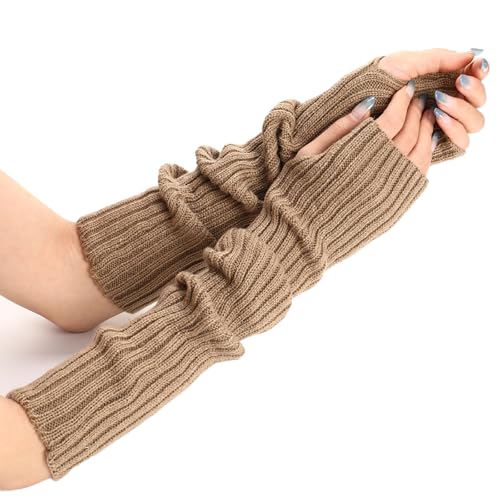 AWOCAN Lange fingerlose Handschuhe Weiche Winter Warme Handschuhe Winter Knit Armstulpen Daumenloch Handschuhe Gestrickt Warm Weben Handschuhe (KHAKI) von AWOCAN