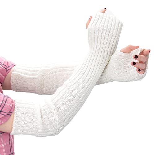 AWOCAN Lange fingerlose Handschuhe Weiche Winter Warme Handschuhe Winter Knit Armstulpen Daumenloch Handschuhe Gestrickt Warm Weben Handschuhe (Weiß) von AWOCAN