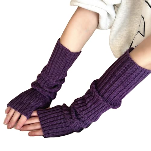 AWOCAN Lange fingerlose Handschuhe Weiche Winter Warme Handschuhe Winter Knit Armstulpen Daumenloch Handschuhe Gestrickt Warm Weben Handschuhe (lila) von AWOCAN