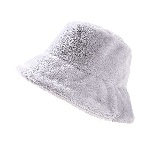 AWOCAN Winter Kunstpelz Eimer Hut Weich Warm Herbst Winter Reine Farbe Mode Flauschige Eimer Hut für Frauen Mädchen, grau, One Size von AWOCAN