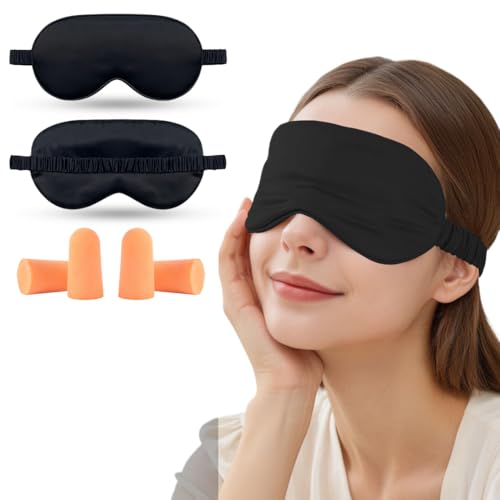 AWOGIPD 2PCS Schlafmaske aus Seide, Seitenschläfer Lichtblockierend Schlafbrille mit Verstellbarem Gummiband, Seide Augenmaske Mit Ohrstöpseln mit Verstellbarem Gummiband für Herren, Frauen und Kinder von AWOGIPD