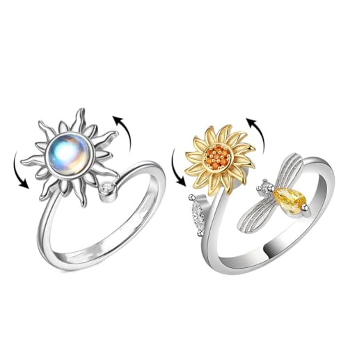 2 Stücke Angst Spinning Ringe für Damen, 925 Silber Damenringe, Offener Ringe Fidget Spinner Ringe, Zirkonia Zappelringe, Verstellbare Stapelbare von AWOXIHJ