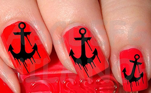 AWS Set Water Decals Anker schwarz schräg gegossen Nail Art Sailor Dripping Anker Black Sticker Nail Art Aufkleber Dekoration (20) von AWS