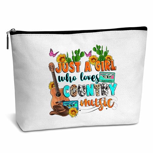 AWSICE Just a Girl Who Loves Country Music Make-up-Tasche, Sonnenblumen-Gitarre, Geschenke für Cowgirls, Western-Leoparden-Country-Kosmetiktasche, Geschenke für Mädchen, Freunde, Besties, Kollegen, von AWSICE