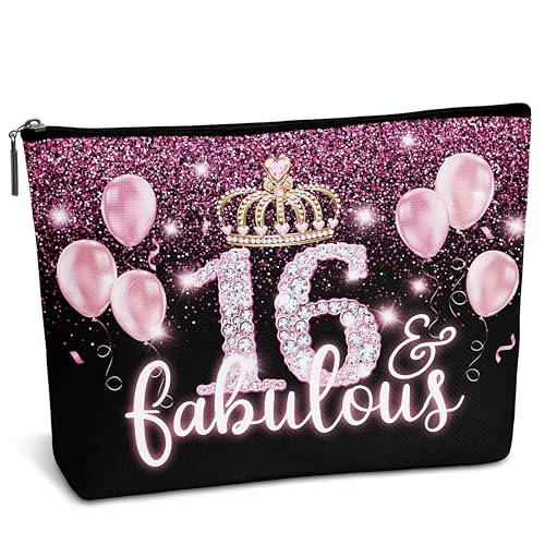 AWSICE Lustige süße Make-up-Tasche, 16 & fabelhaftes Geburtstagsgeschenk für Mädchen, schwarz und rosa, Kosmetiktasche für Mädchen, Schwester, Teenager, Freunde-B43, Weiss/opulenter Garten von AWSICE