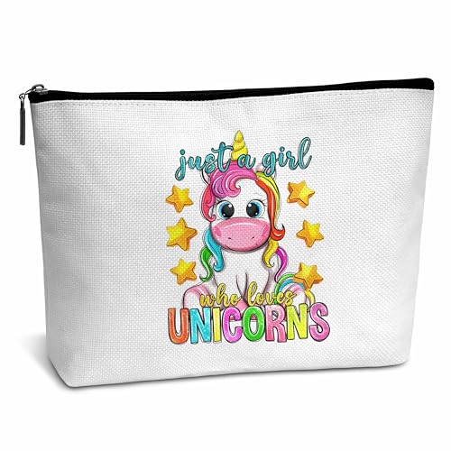 AWSICE Make-up-Tasche, Motiv: "Just a girl who loves unicorns", Regenbogenfarben, Geschenke für Einhorn-Liebhaber, Kosmetiktasche, Geburtstag, Abschlussgeschenk für Mädchen, Freunde, Besties, von AWSICE